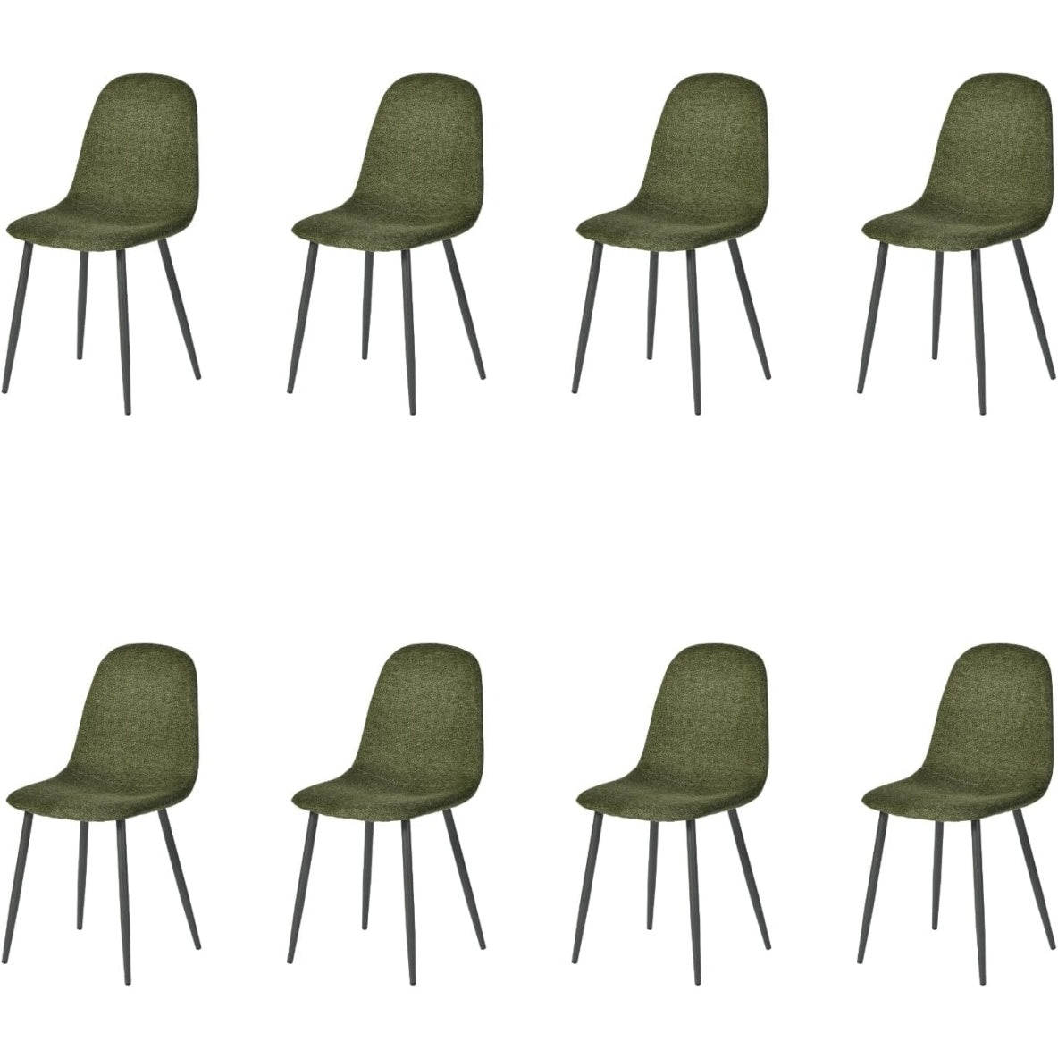 Ensemble de huit chaises scandinaves rembourrées avec dossier en tissu et pieds en métal de couleur verte