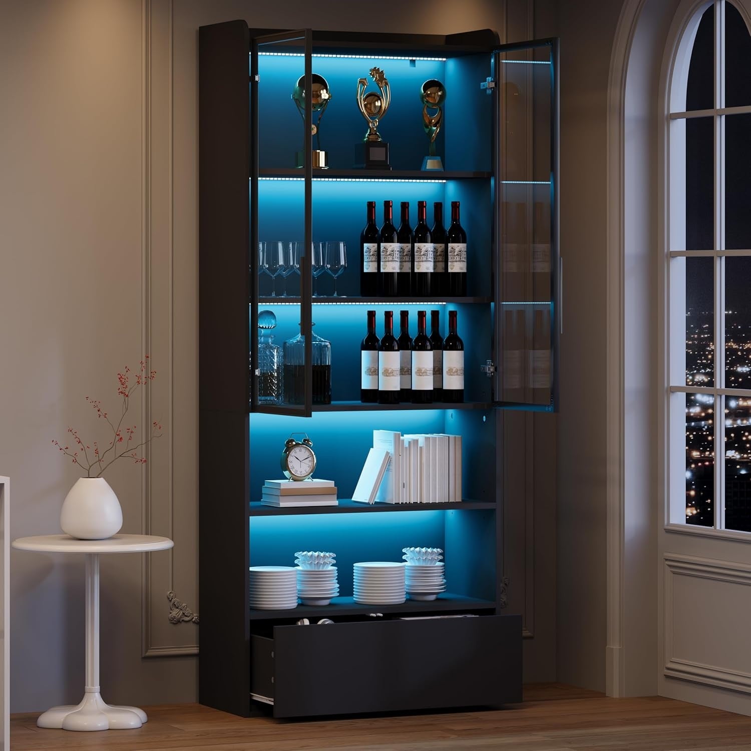 Vitrine haute avec porte en verre, tiroir et éclairage LED pour salon ou salle à manger