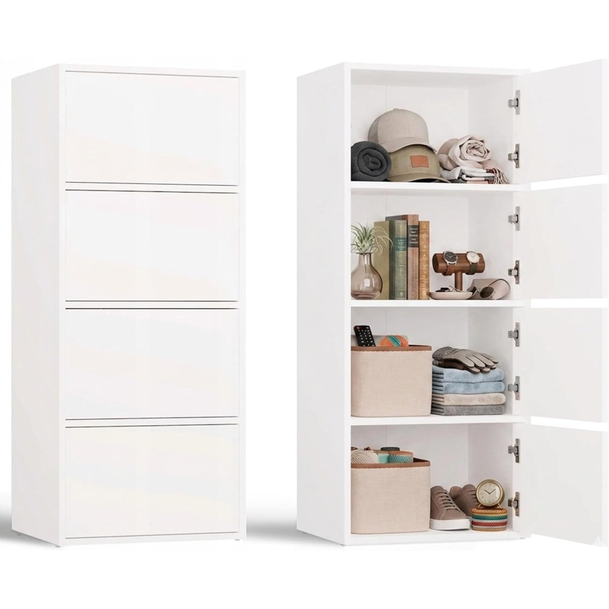 Armoire haute 50 cm avec 4 portes et 4 étagères, meuble de rangement moderne Push-to-Open pour salon, bureau ou entrée, blanc