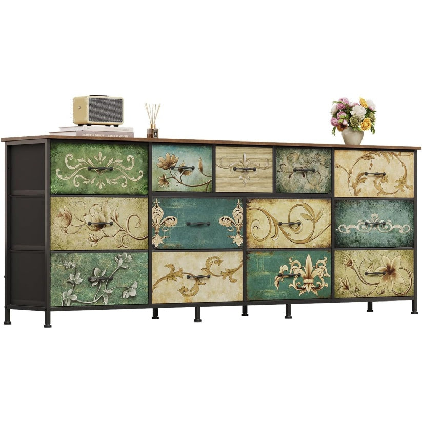 Commode extra large avec 13 tiroirs en tissu, plateau bois et structure metallique, motif floral retro