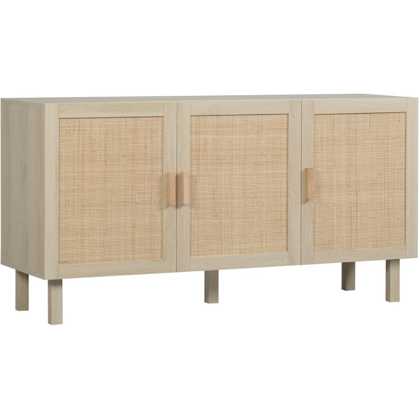 Buffet boheme avec portes effet cannage, etageres reglables et finition bois naturel, 136 x 41 x 70 cm