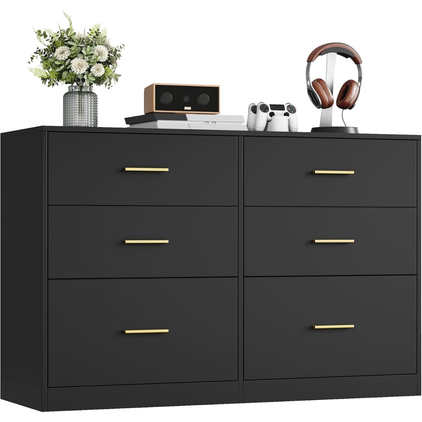 Commode à 6 tiroirs, meuble de rangement moderne pour chambre ou salon, finition noir