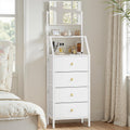 Commode haute avec 4 tiroirs en tissu et miroir intégré, meuble de rangement blanc pour chambre