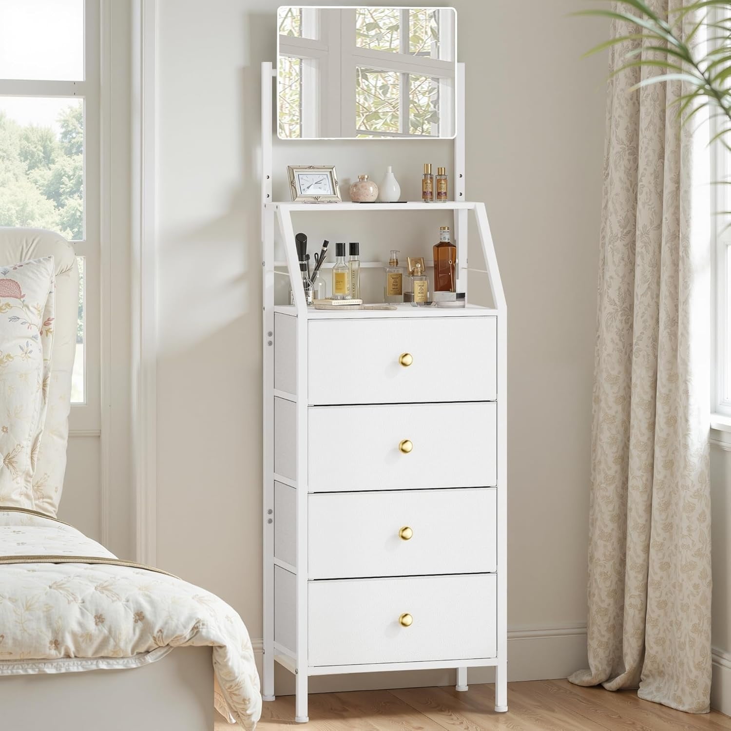 Commode haute avec 4 tiroirs en tissu et miroir intégré, meuble de rangement blanc pour chambre