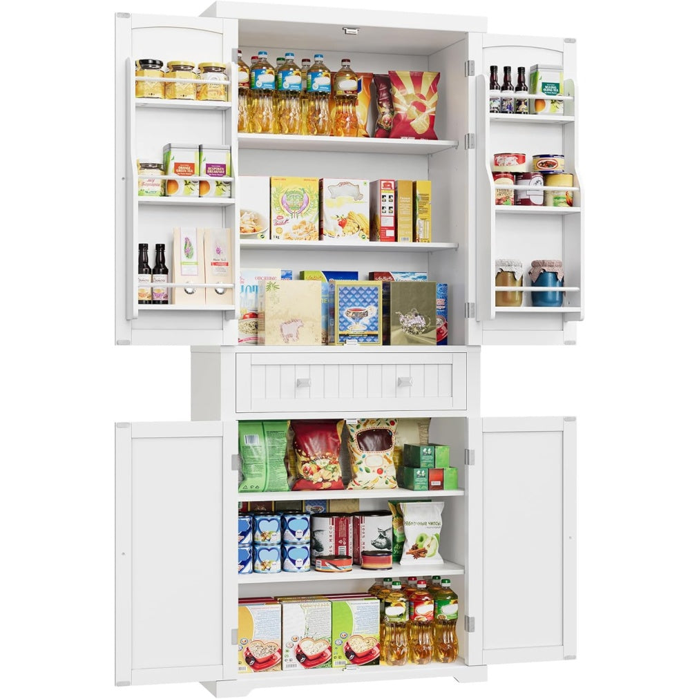 Buffet haut de cuisine avec tiroir, placards et etageres reglables, meuble de rangement hauteur 182,1 cm, blanc