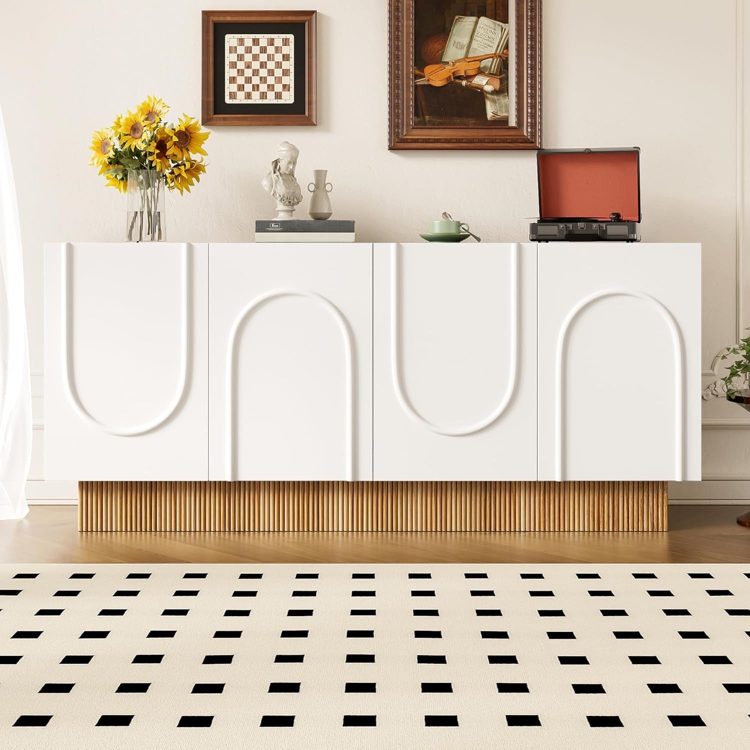 Buffet 160 x 38 x 75 cm avec 4 portes, façade effet bois mat et grande capacité de rangement, blanc
