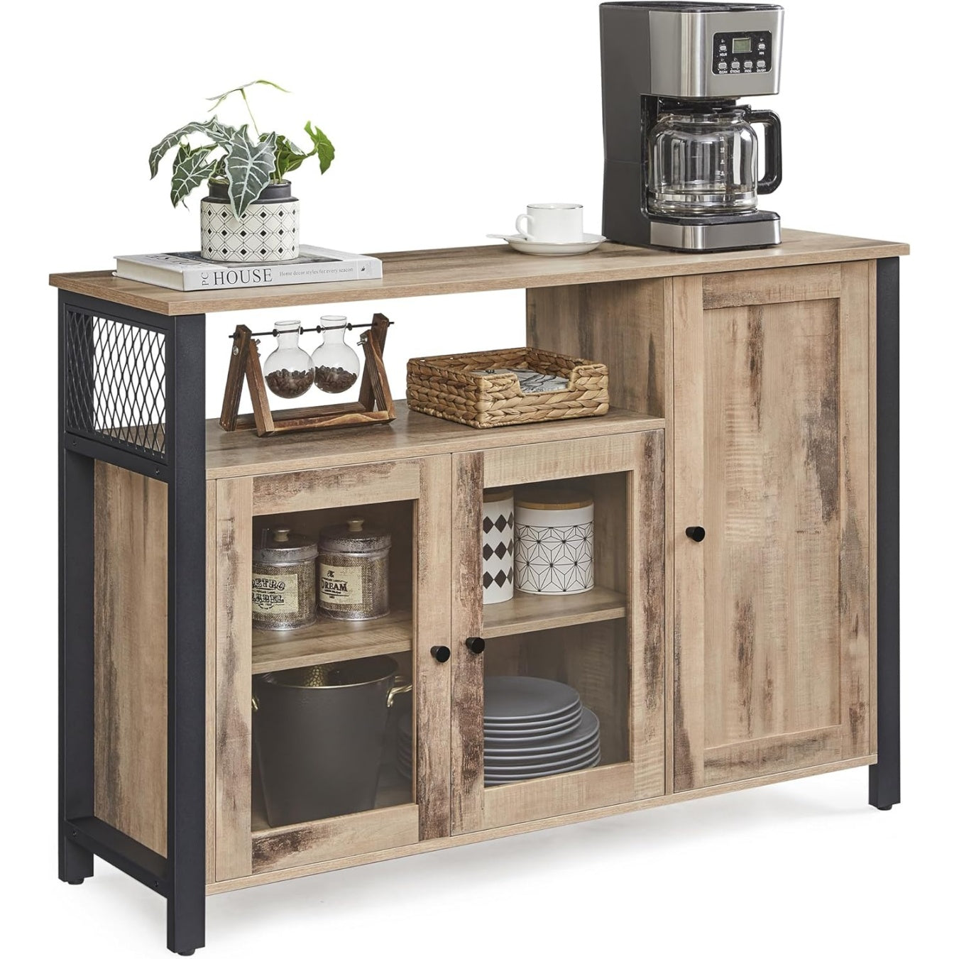 Buffet de rangement avec 3 portes, placard pour cuisine, salle a manger ou salon, style rustique, marron boise et noir