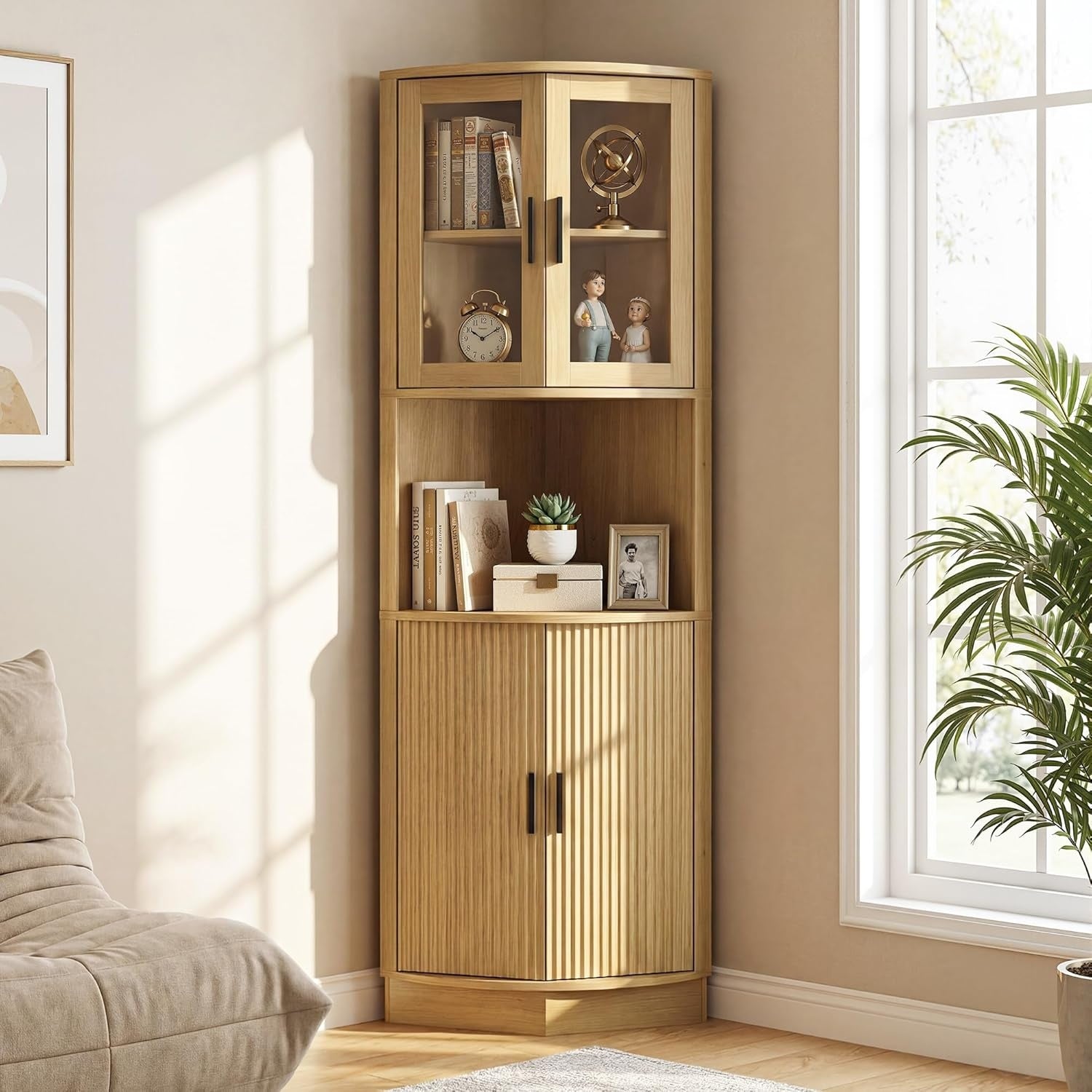 Armoire dangle vitree grande hauteur, meuble polyvalent pour salle a manger, bureau ou salon, decor naturel