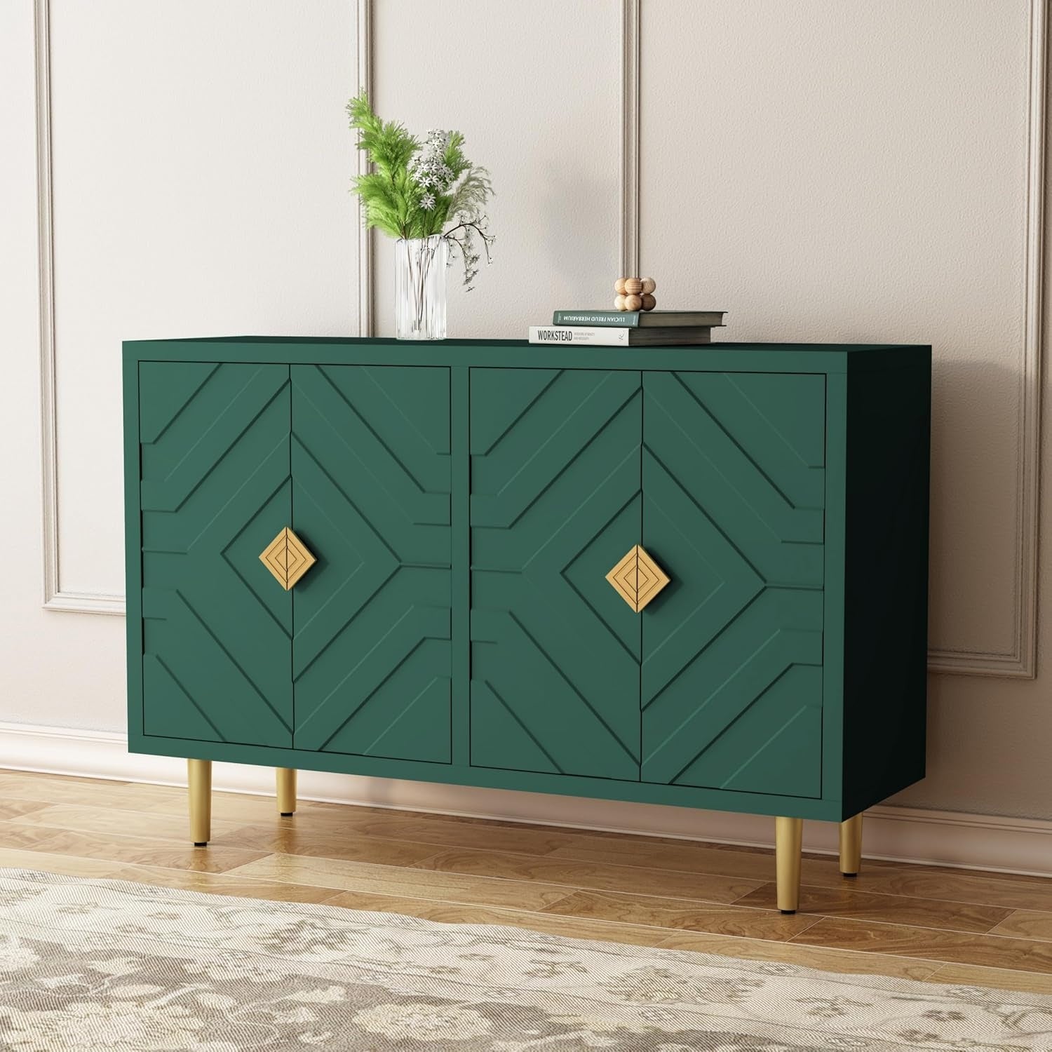 Placard de cuisine contemporain à quatre portes avec étagères intérieures en finition vert mat