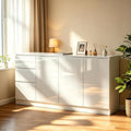 Commode 140 cm avec 3 portes et 3 tiroirs, meuble de rangement brillant pour chambre ou salon, blanc