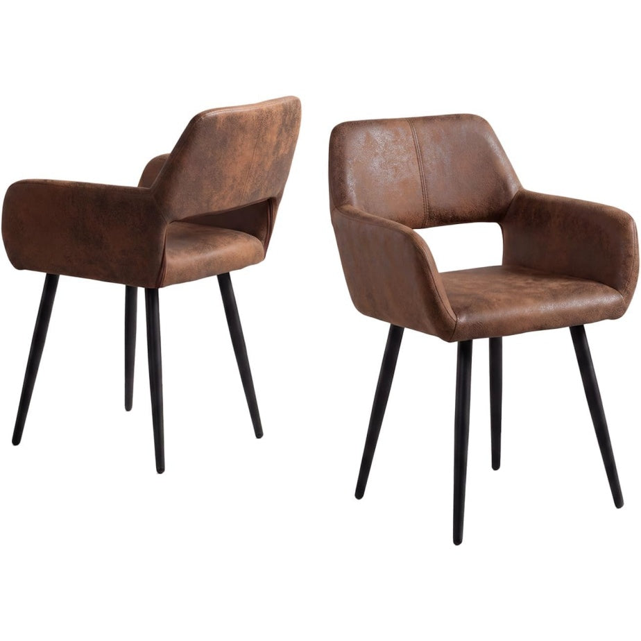 Ensemble de deux fauteuils de salle a manger vintage avec revetement suedine rembourre et structure metallique, marron