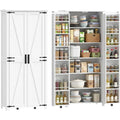 Armoire haute de cuisine sur roulettes avec nombreux compartiments, porte accessoires et etageres ajustables, blanc