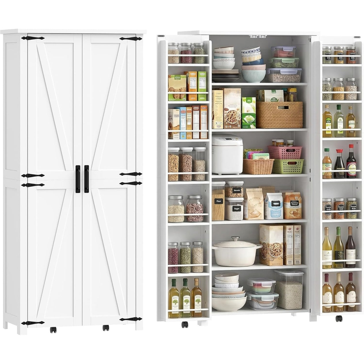 Armoire haute de cuisine sur roulettes avec nombreux compartiments, porte accessoires et etageres ajustables, blanc