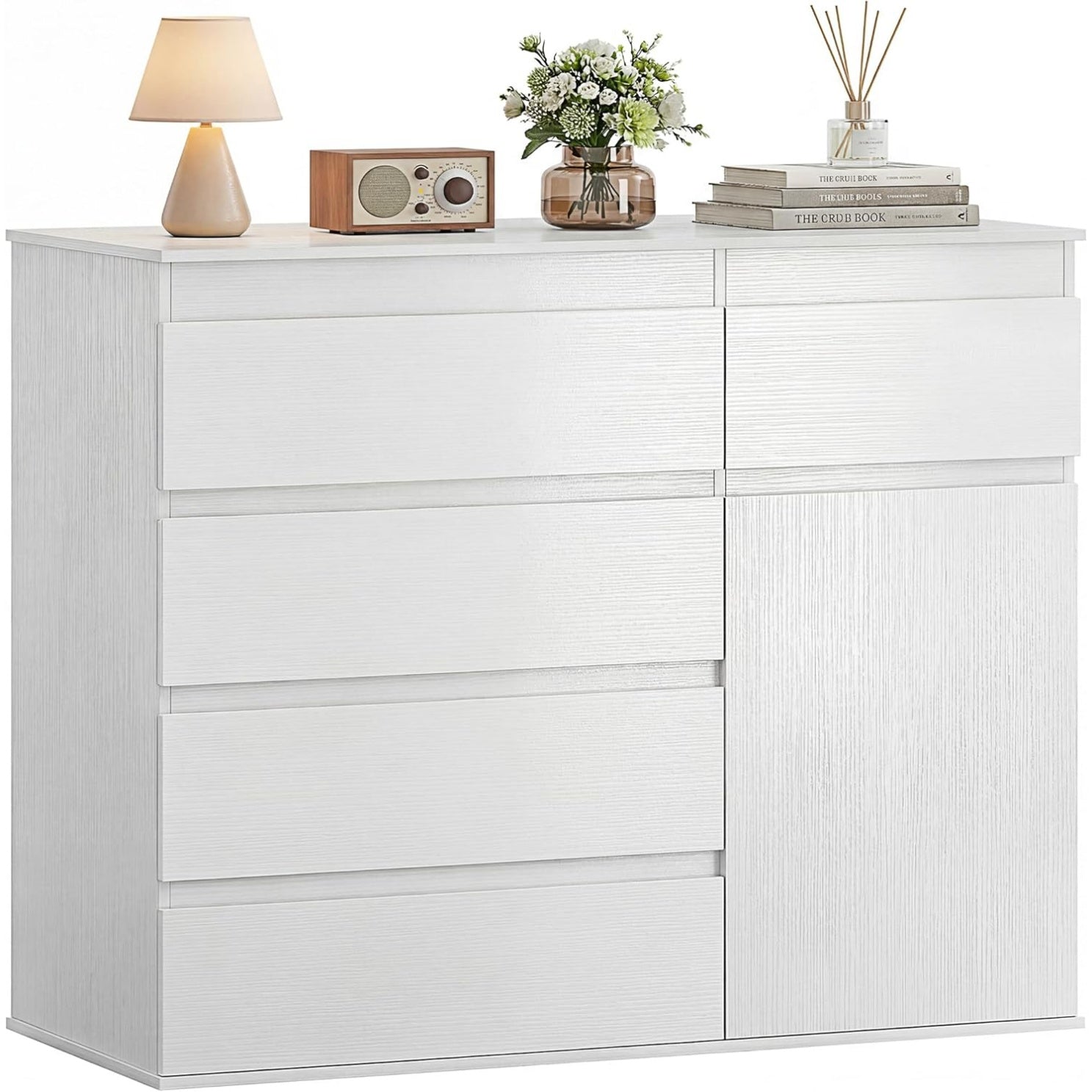 Meuble de rangement avec cinq tiroirs, porte a fermeture douce et tablette ajustable, blanc, 100 x 40 x 80 cm