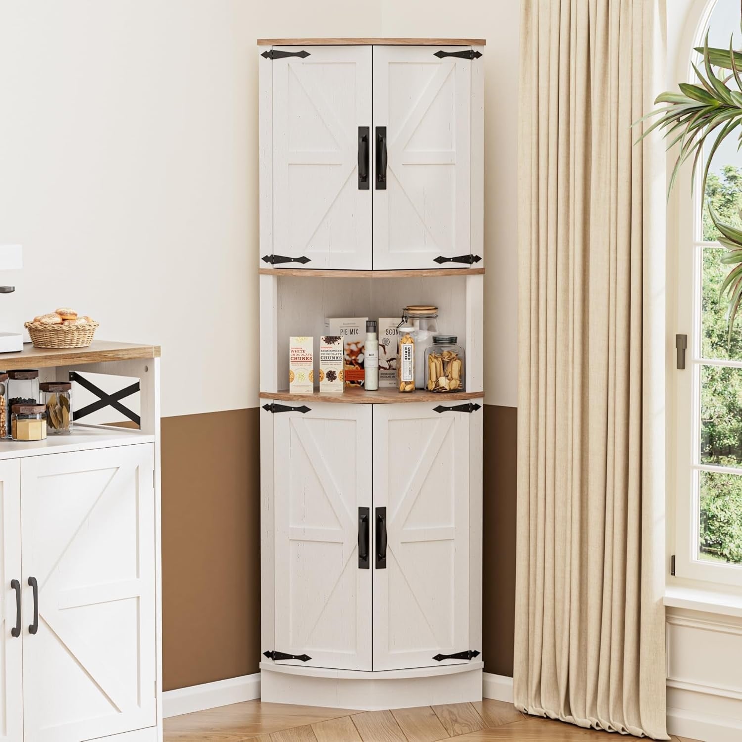 Armoire d'angle haute avec étagères et portes, meuble de rangement compact pour salon, bureau ou salle à manger, blanc