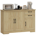 Buffet moderne avec trois portes, deux tiroirs et etagere reglable, meuble de rangement 120 x 38 x 79 cm, finition bois naturel