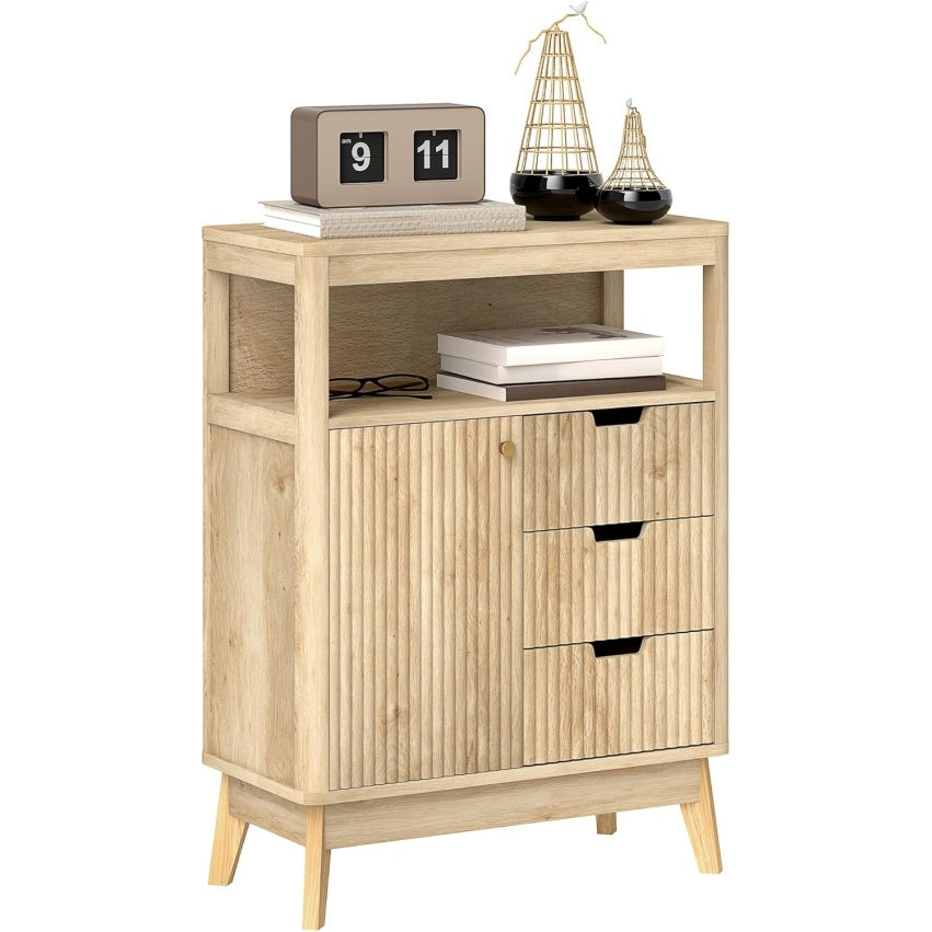 Buffet moderne en bois naturel avec placard à portes, étagère réglable et niche ouverte pour salon ou cuisine