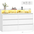 Commode LED 140 cm avec six tiroirs et multiprise integree, finition blanche