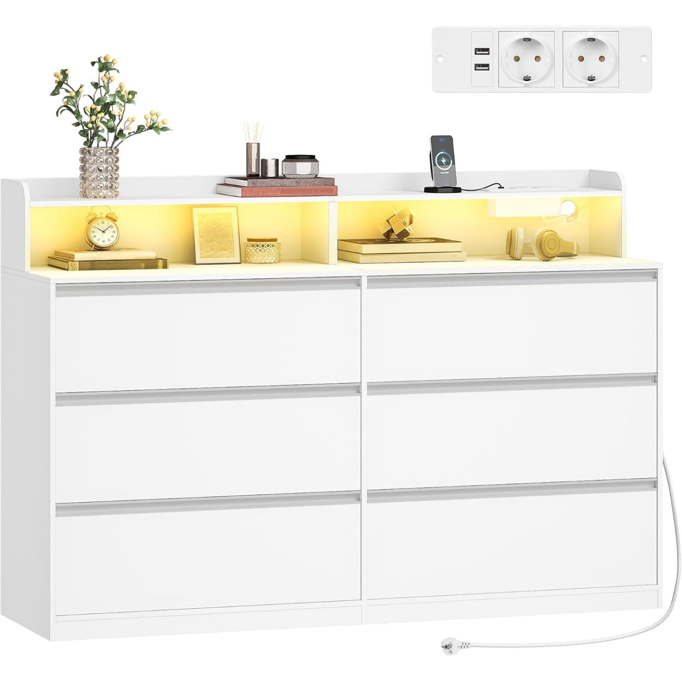 Commode LED 140 cm avec six tiroirs et multiprise integree, finition blanche