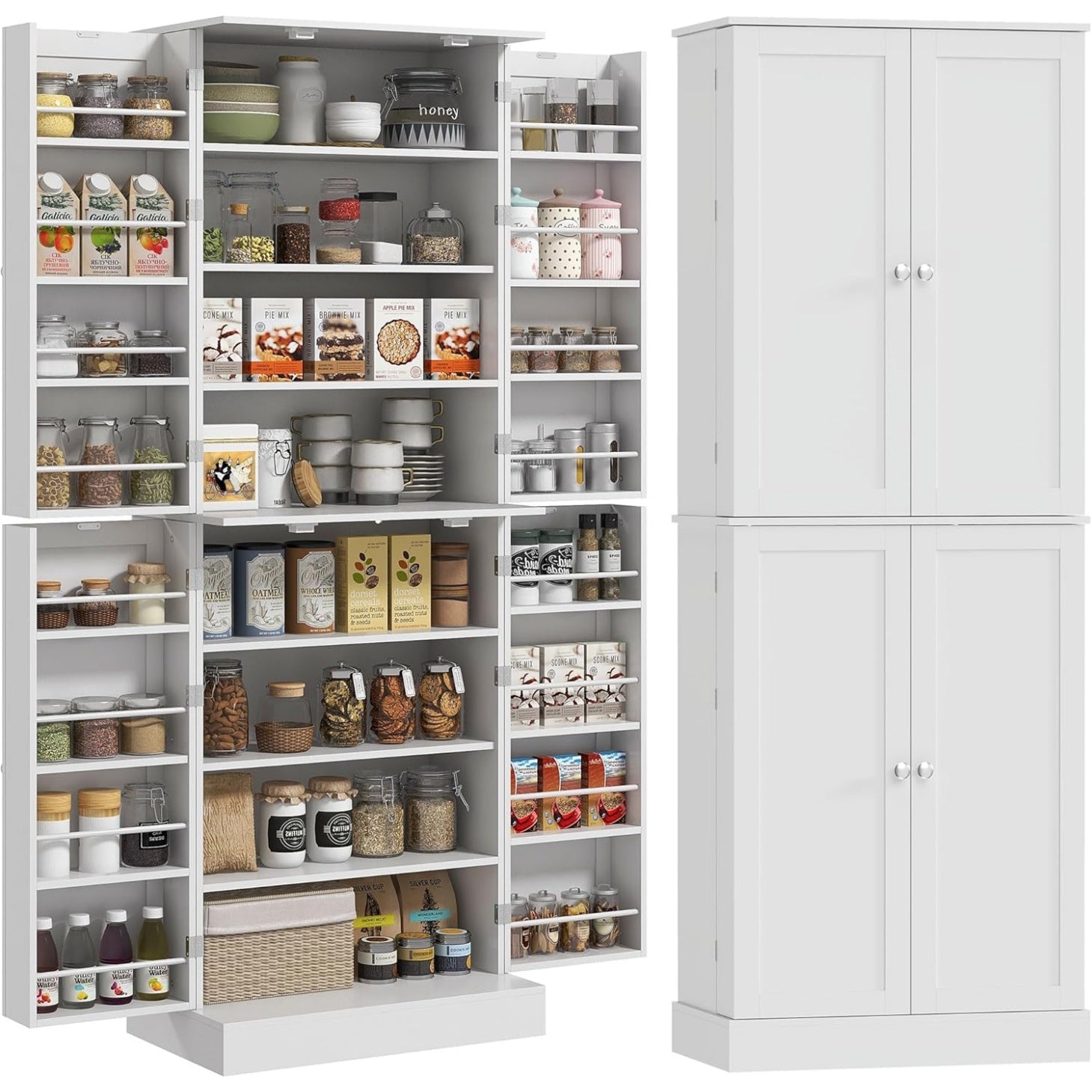 Armoire de cuisine haute avec placards, étagère réglable et porte-épices, meuble de rangement moderne 60 x 35 x 166 cm, blanc