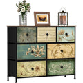 Commode bohème avec 7 tiroirs en tissu, plateau en bois et structure métallique, meuble de rangement pour chambre ou couloir
