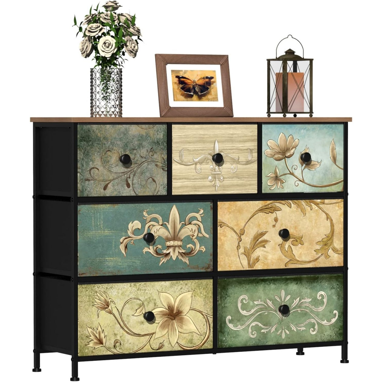 Commode bohème avec 7 tiroirs en tissu, plateau en bois et structure métallique, meuble de rangement pour chambre ou couloir