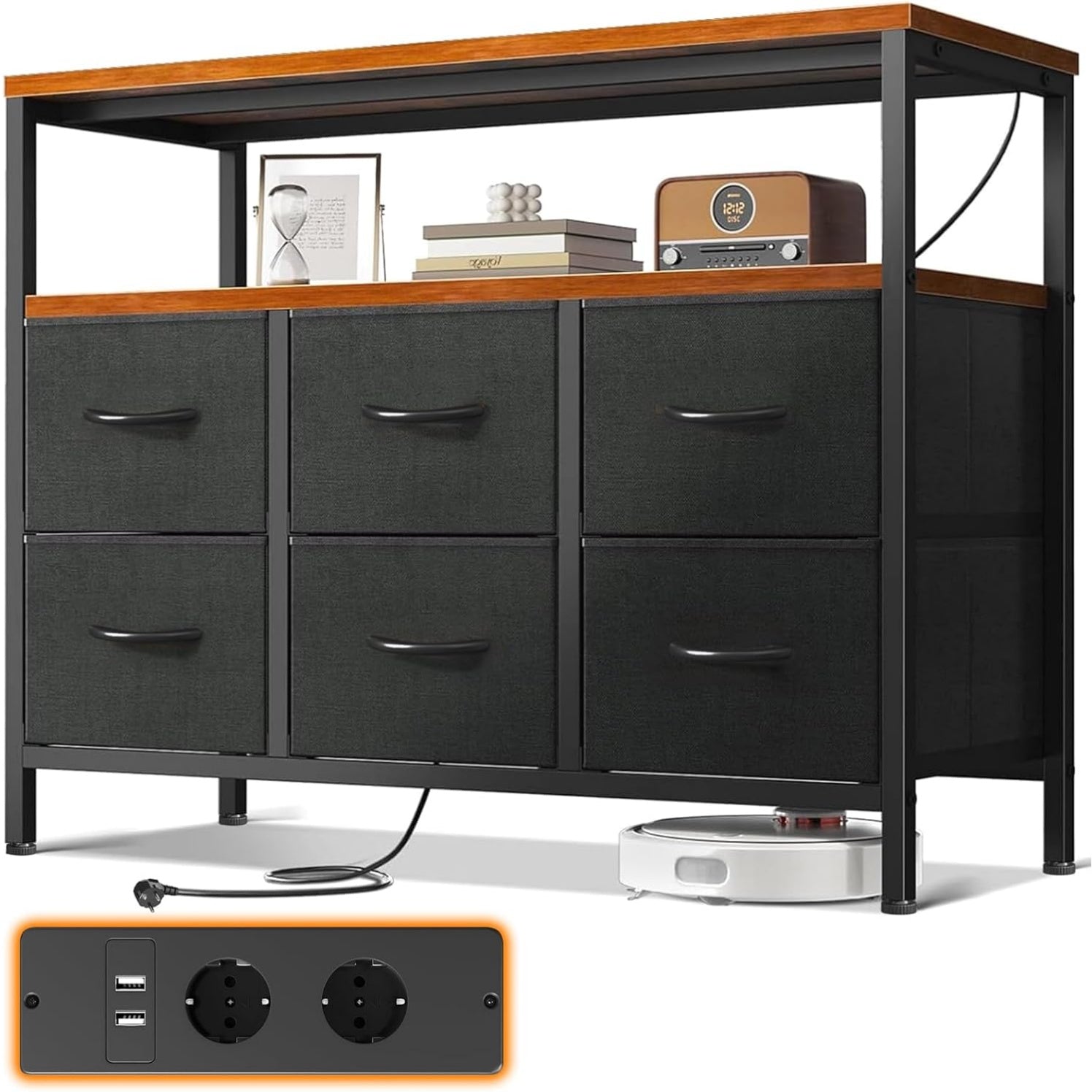 Meuble de chambre avec six tiroirs spacieux, station de charge USB et prises integrees, style retro