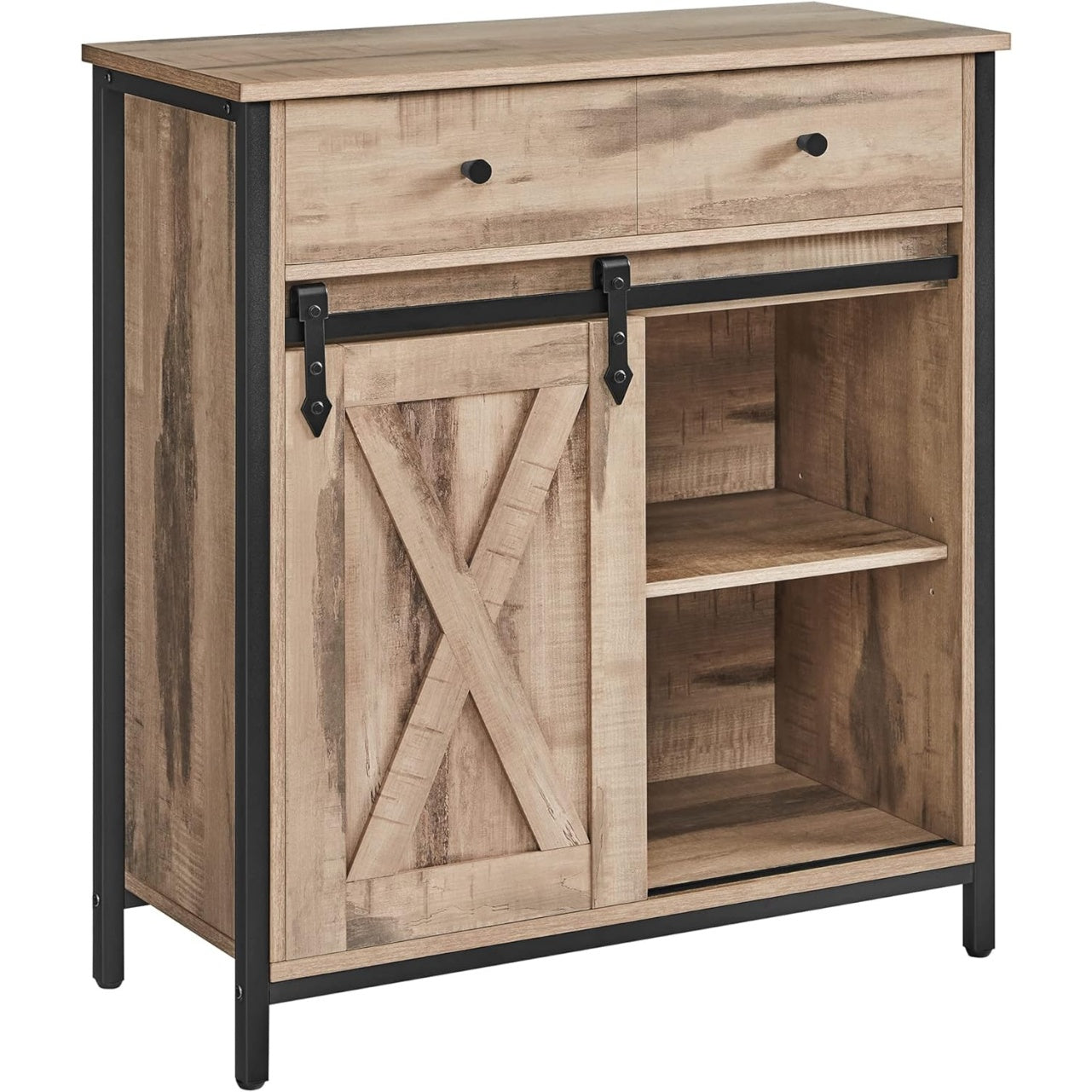 Buffet avec porte coulissante, tiroirs et etageres ajustables, meuble de rangement marron camel et noir