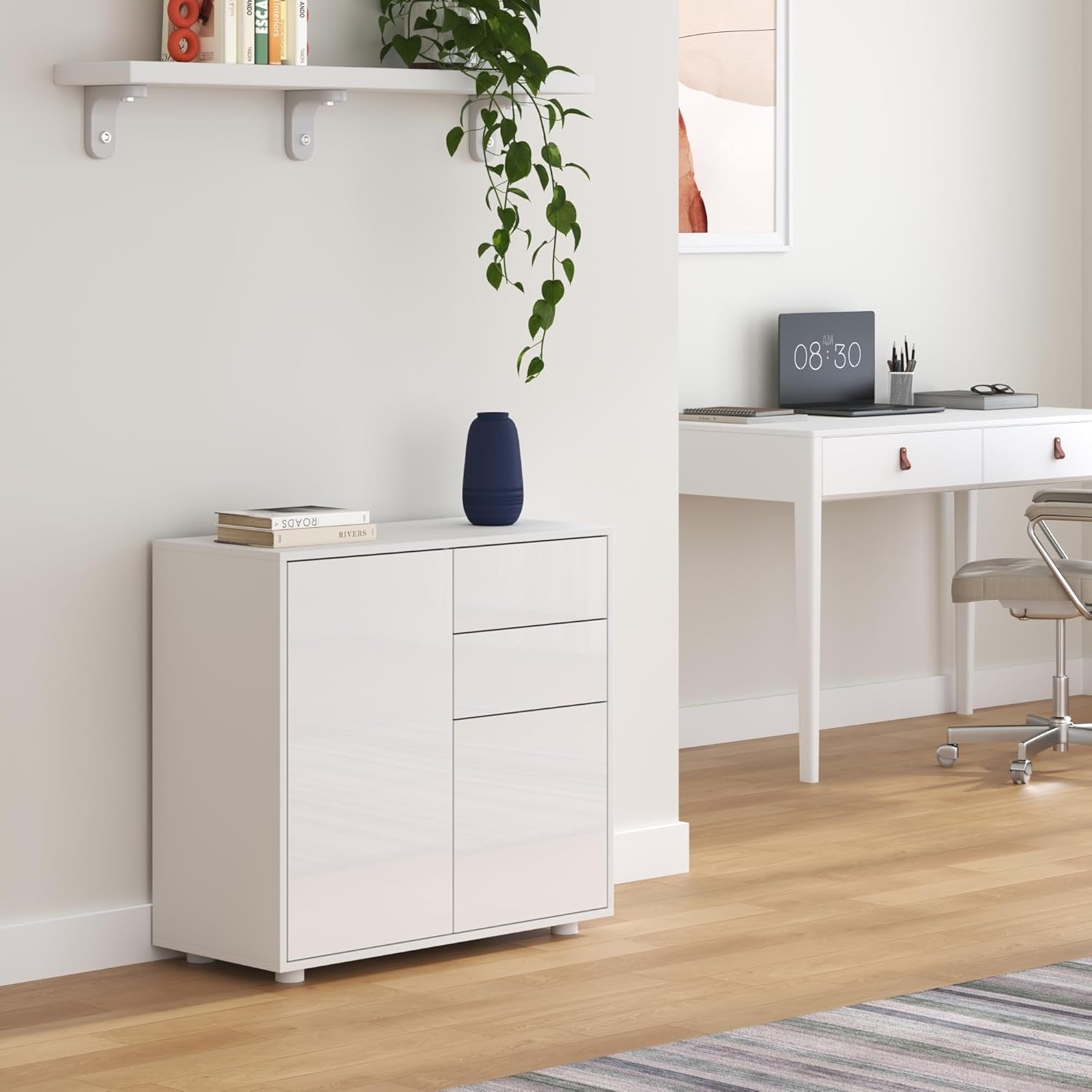 Commode blanche brillante avec deux tiroirs, deux portes et ouverture Push to Open